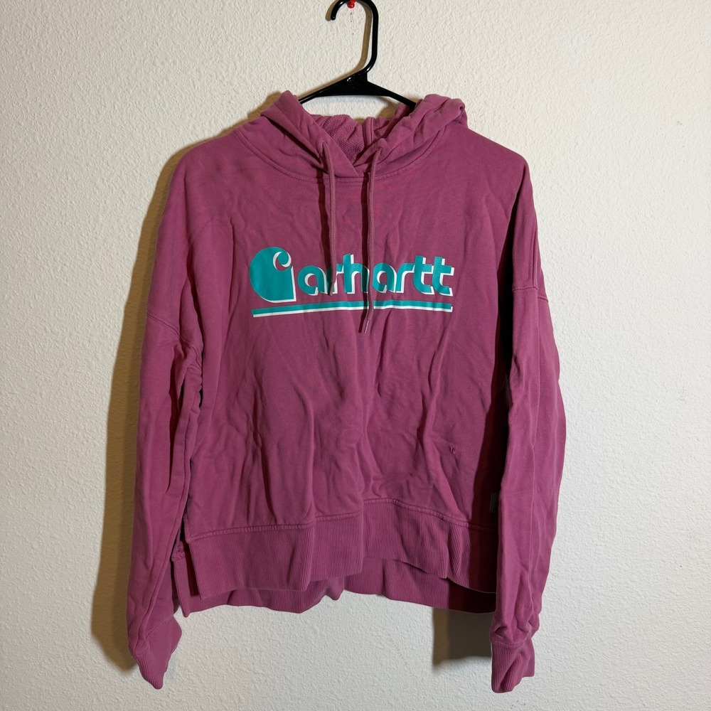 Carhartt Womens Relaxed Fit Graphic Hoodie Berry Pink Teal Logo Sweatshirt‎ M